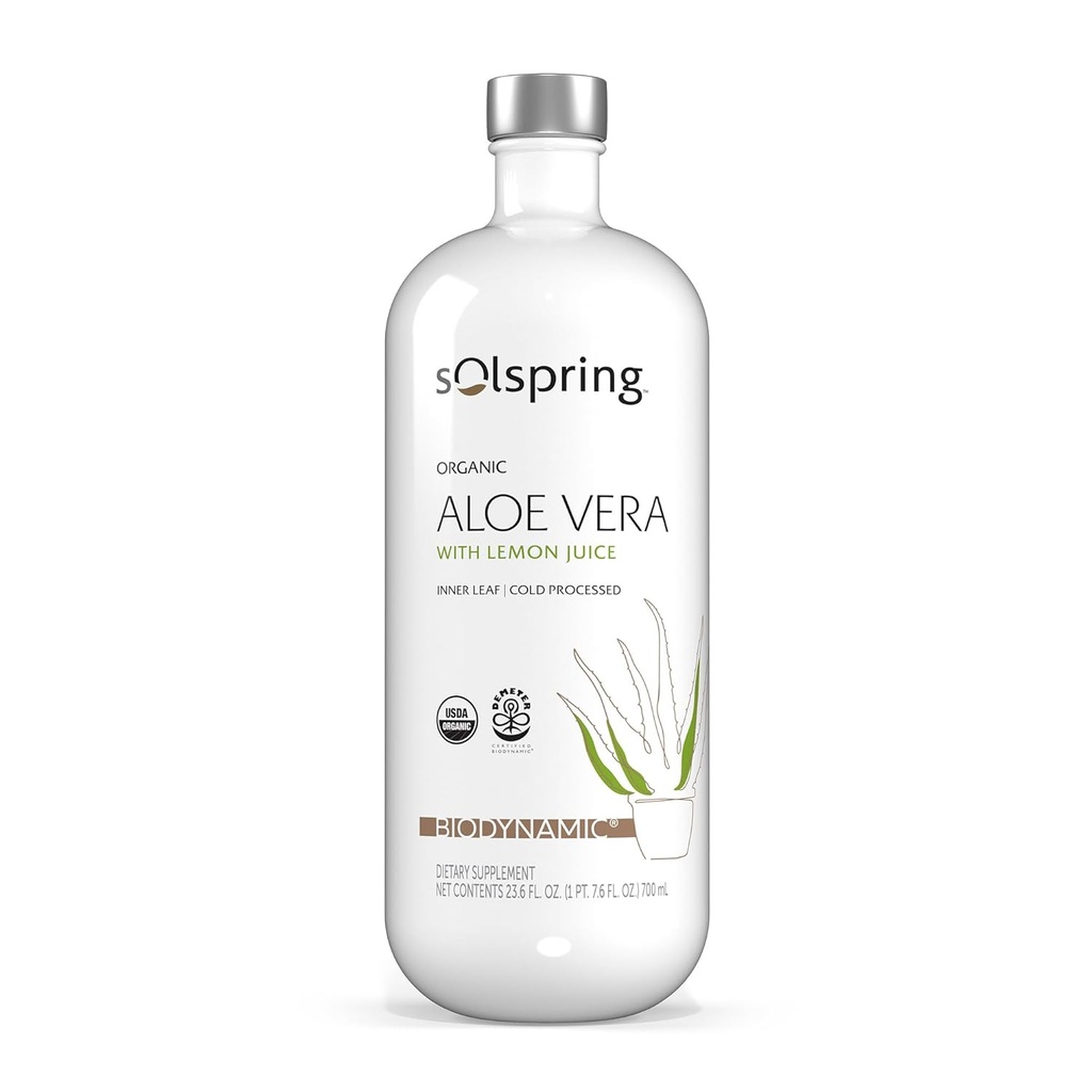 Solspring Biodynamic Organic Aloe Vera Juice med citron, 23.6 Fl. Oz (700 ml), Unpasteurized, Certified USDA Organic, Regenerative, Non-GMO, Gluten Free, Soy Free, Dr Mercola