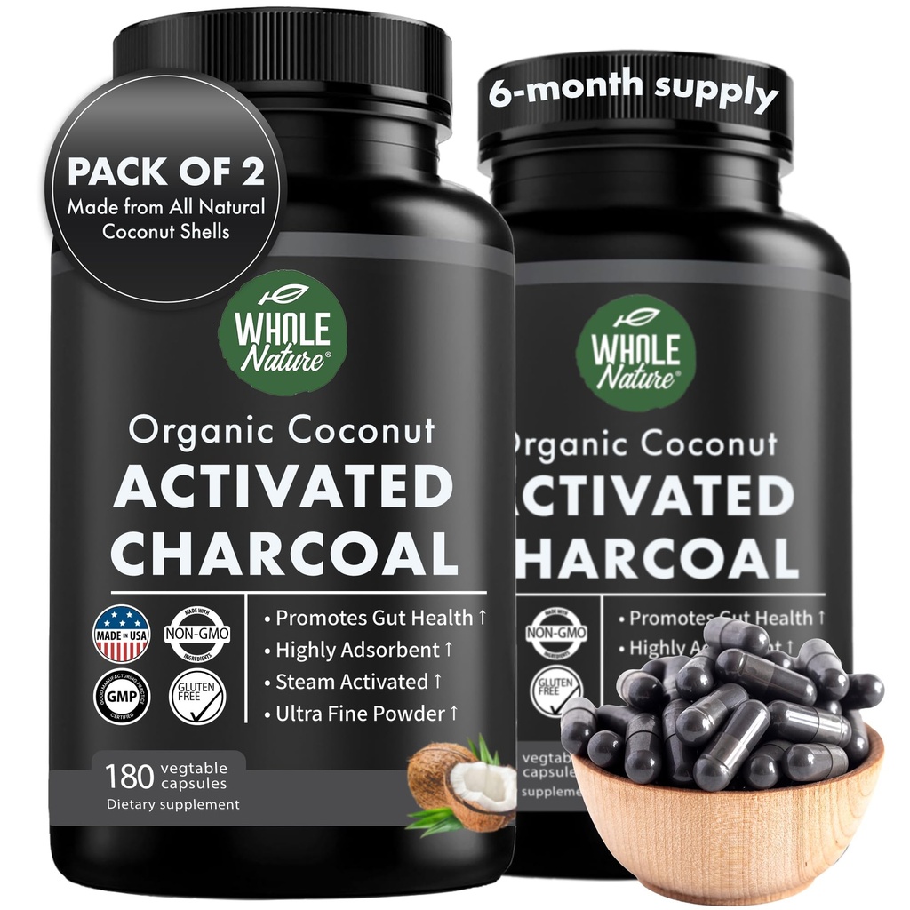 Coconut aktiverade kolkapslar, 180 Charcoal Capsules, Teeth Whitening, hjälper förstoppning, uppblåsthet, mage gas, Heartburn, ren kokosnöt härledda tillskott (2)