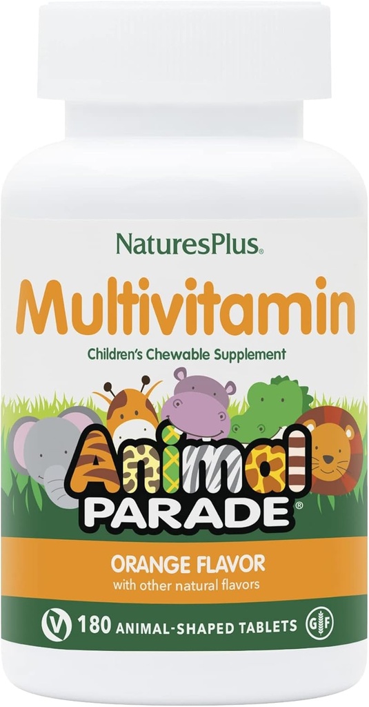 Natures Plus Animal Parade Children's Chewable Multivitamin - Orange smak - 180 djurformade tabletter - främjar hälsa och välbefinnande - vegetarisk, glutenfri - 90 portioner