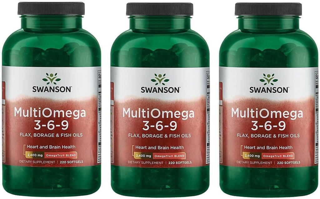 Swanson MultiOmega 3-6-9 - Non-GMO Flax Oil, Borage Oil, "&" Fish Oil Capsules - Essential Fatty Acids Supporting Cardiovascular Health "&" Brain Health - (220 Softgels, 2400mg Servering) 3 flaskor