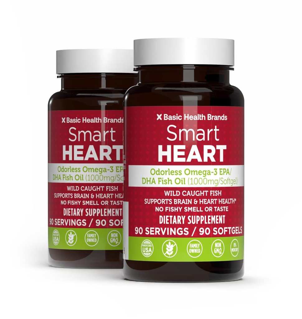 Grundläggande varumärken Smart Heart Odorless Omega-3 Fish Oil 1000mg - Triple Strength EPA & DHA, icke-GMO, Heart & Cognitive Support - 90 Burpless Softgels - 2-Pack