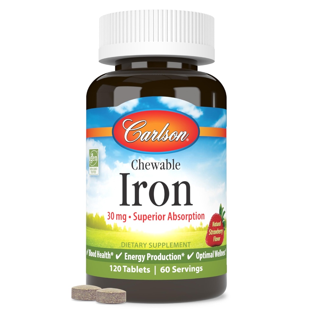 Carlson - Chewable Iron, 30 mg, Superior Absorption, Blood Health, Energy Production & Optimal Wellness, Chewable Iron Supplement för kvinnor och män, naturlig jordgubbsmak, 120 tabletter