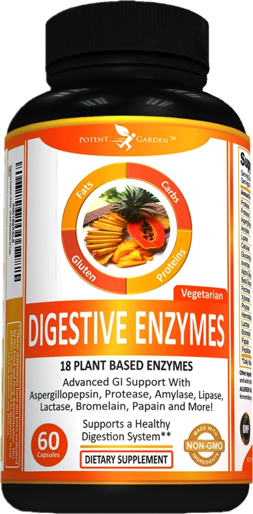 Potent Garden Digestive Enzymes -18 Plant Based Enzymes med amylas lipase bromelain Protease laktas och andra enzymer - En Pre Meal Pill stöder hälsosam matsmältning och näringsabsorption 60 Capsorption