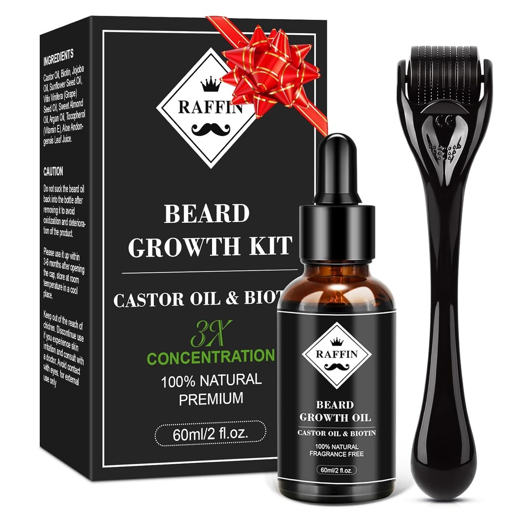 RAFFIN skäggtillväxtkit, uppgraderad skäggtillväxtolja (2Oz) w / Maximum förtjockning Biotin & Castor Oil för Spot / Patchy Beard, uppnå Fuller, tjockare och hälsosammare skägg, gåvor för honom pojkvännen man pappa