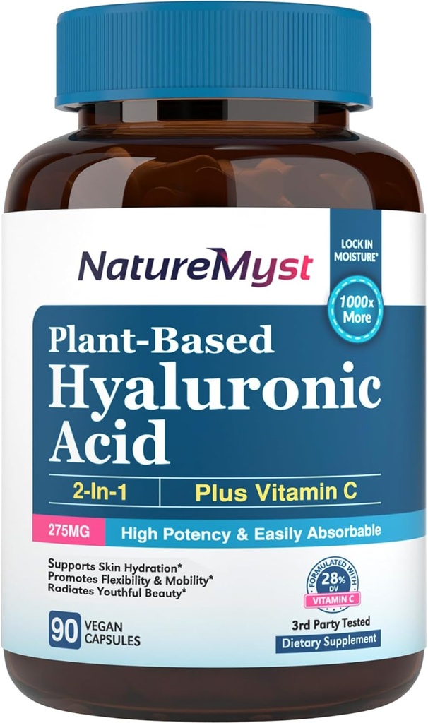 Hyaluronsyratillskott, med vitamin C, 250mg Plant-Based HA, 90 Vegan Caps, för hud och ögon, Collagen Production, lättillgänglig