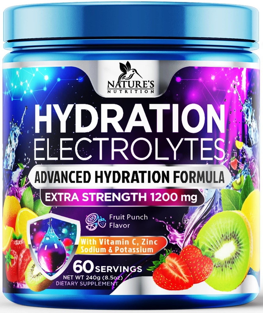Hydration Electrolyte Powder 1200mg - Daily Liquid Replenisher Drink Mix - Electrolyte Multiplier med mineraler, kalium & Real Salt, Keto, icke-GMO - Tasty Fruit Flavor Electrolytes - 60 portioner