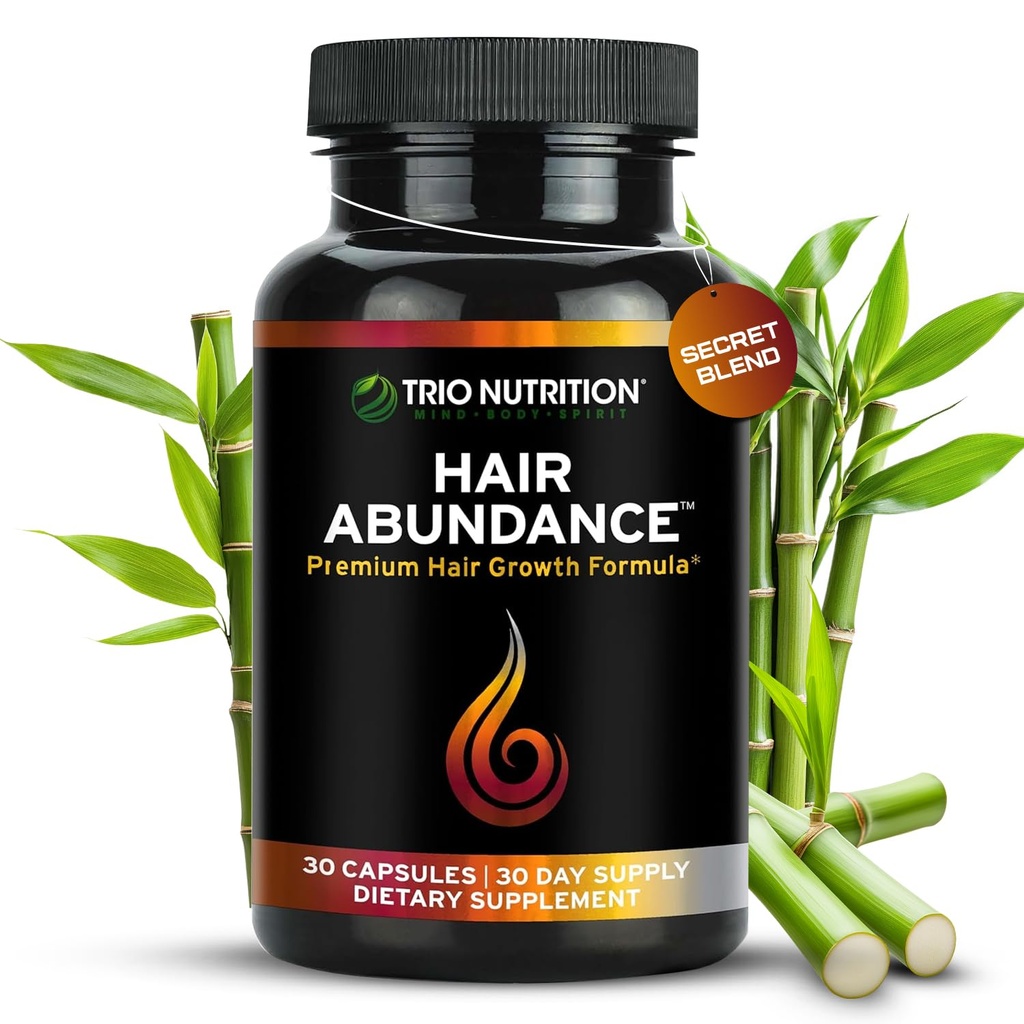 TRIO NUTRITION Hair Abundance | Natur Vitamin Supplement för hårväxt, starka naglar och Smooth Skin | Boosted with Collagen, Keratin, Zink & Selenium | Biotin 10000mcg | 30 Dag Supply