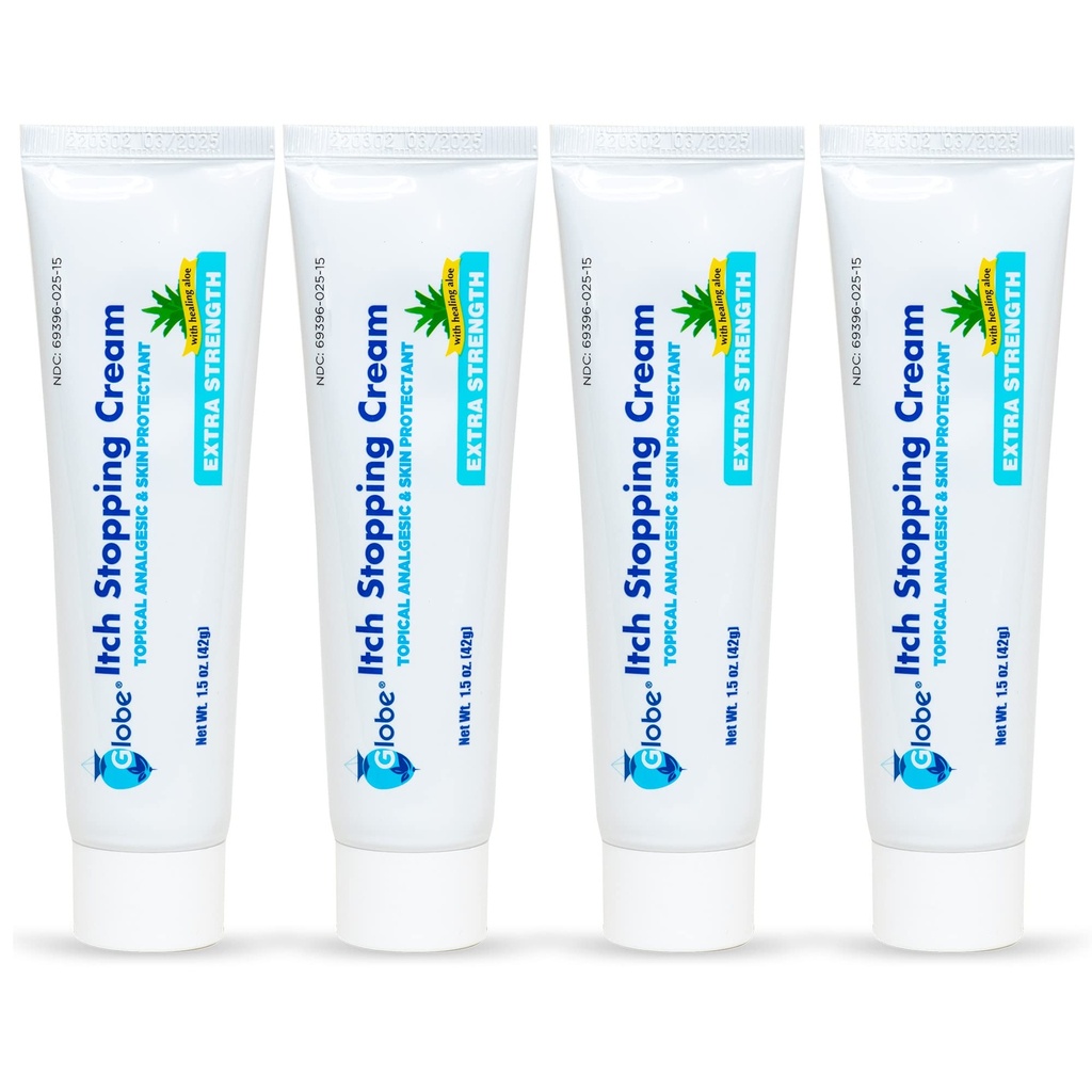 (4 Pack) Globe Extra Strength Itch Stopping Anti-Itch Cream 1.5 Oz med Histamine Blocker, Diphenhydramine HCl Topical Analgesic & Zink Acetate Skin Protectant för lättnad från de flesta utomhus kliar