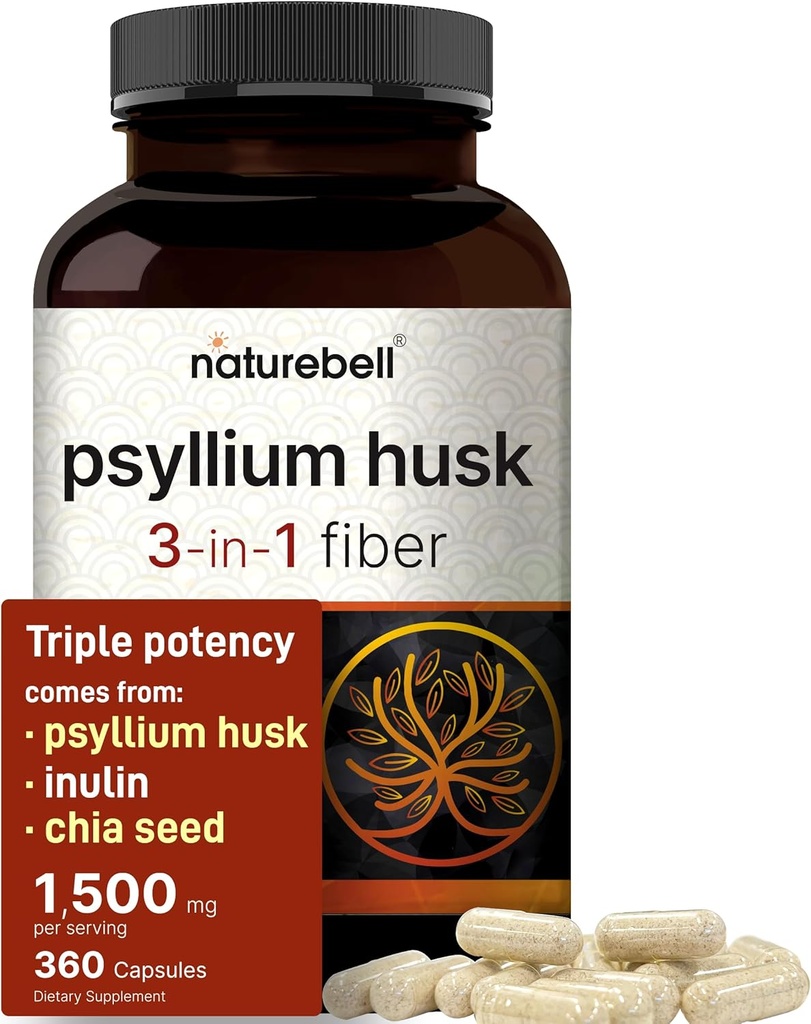 NatureBell Psyllium Husk Fiber Supplement, 1,500mg Per Serving, 360 kapslar | med Inulin & Chia Seed | Organisk löslig Fiber för Digestive & Gut Health | Plant-Based, Non-GMO, Gluten-Free