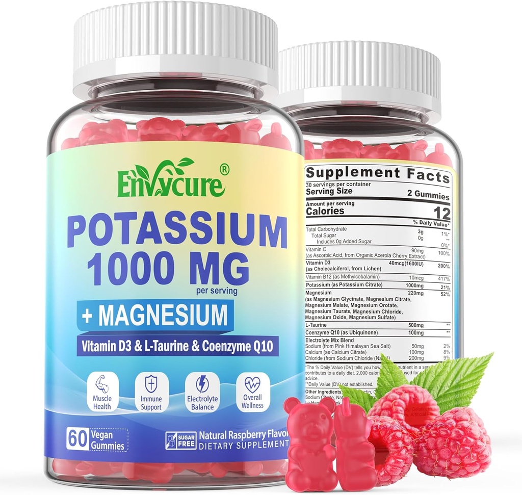 Kalium Supplement Gummies - 1000mg Kaliumcitrat med Magnesium Komplex / Glycinat / Citrat, Coq10, L-Taurin, B12, D3-Electrolyte, Energi, Hjärna - Kalium Magnesium Supplement för vuxna, 2Pack