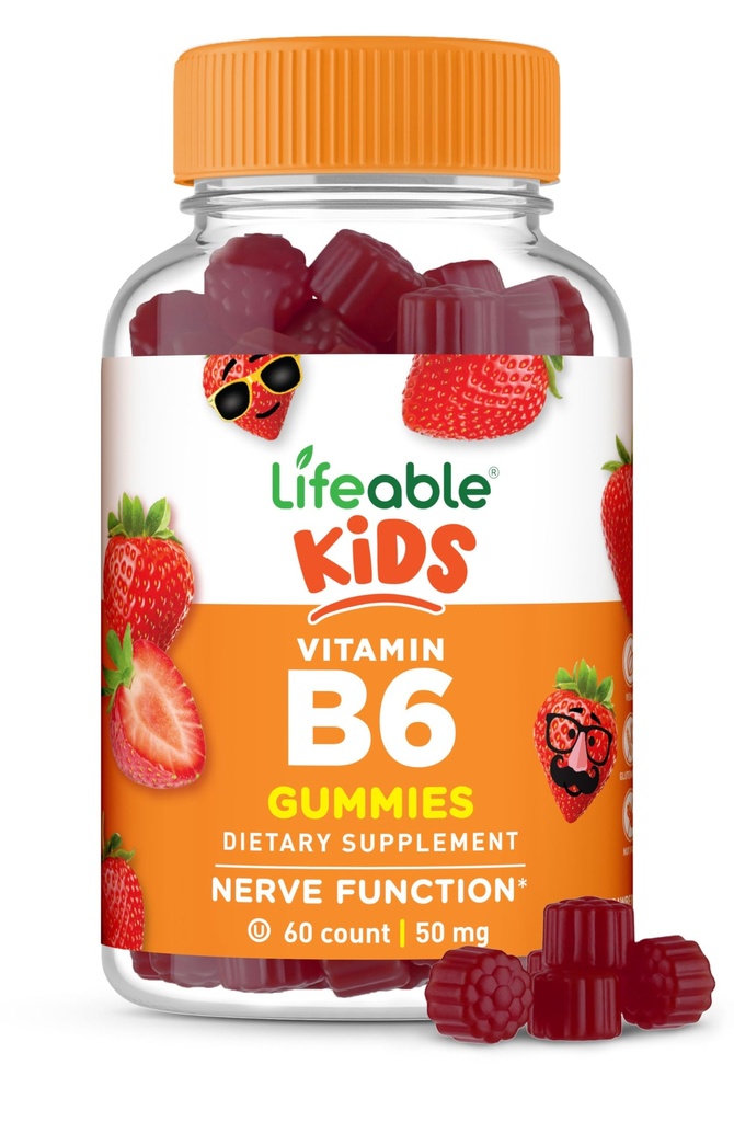 Livlig vitamin B6 Gummies för barn | Stor smak B6 Vitaminer 50mg | Vegan icke-GMO Gluten Free | för Nerve Function Support | 60 Gummies