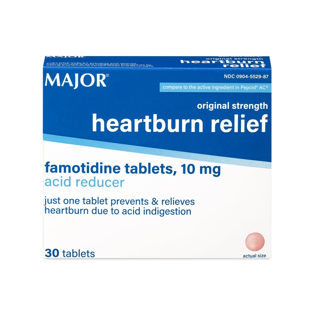 MAJOR Original Strength Heartburn Relief - Famotidin tabletter, 10 mg - Acid Reducer - 30 tabletter (1-Pack)