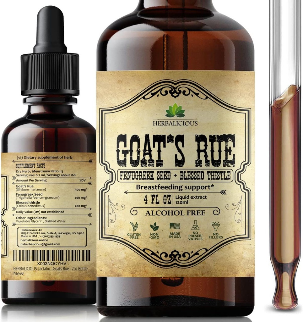 HERBALICIOUS Goats Rue Liquid Extract 4 fl oz - Natural Herbal Tincture med Goats Rue, Fenugreek Seeds, Blessed Thistle - Alcohol Free Non-GMO Lactation Supplement för ökad bröstmjölk