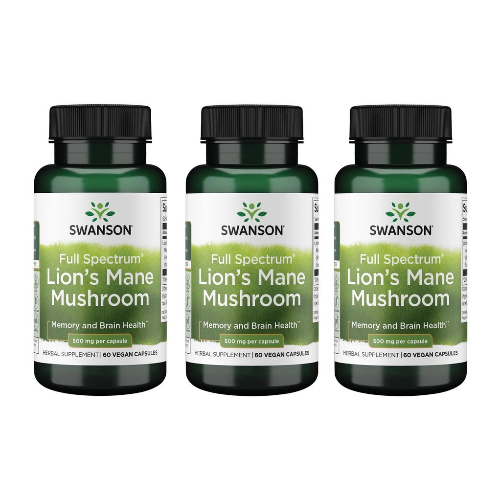 Swanson Lion's Mane Mushroom - Traditionell Brain Booster Supplement Made från Hericium Erinaceus (60 kapslar, 500 mg vardera) 3 Pack