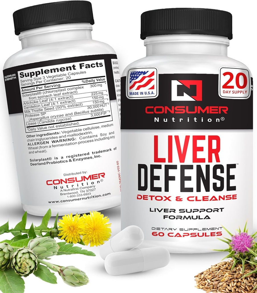 Liver Support Supplement - Liver Defense Liver Cleanse Detox - Tillverkad med Solarplast, Artichoke Leaf, Milk Thistle Seed & More - för Metabolism & Immune Response 60 Capsules