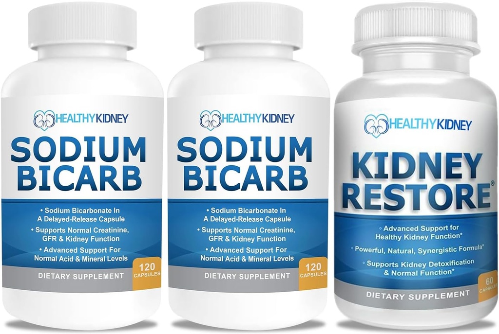 Natriumbikarbonat 650mg kapslar för syra lättnad, Alkalinitet 120 piller 2-pack + njuråterställ njurrening och njurhälsotillskott, 60 caps