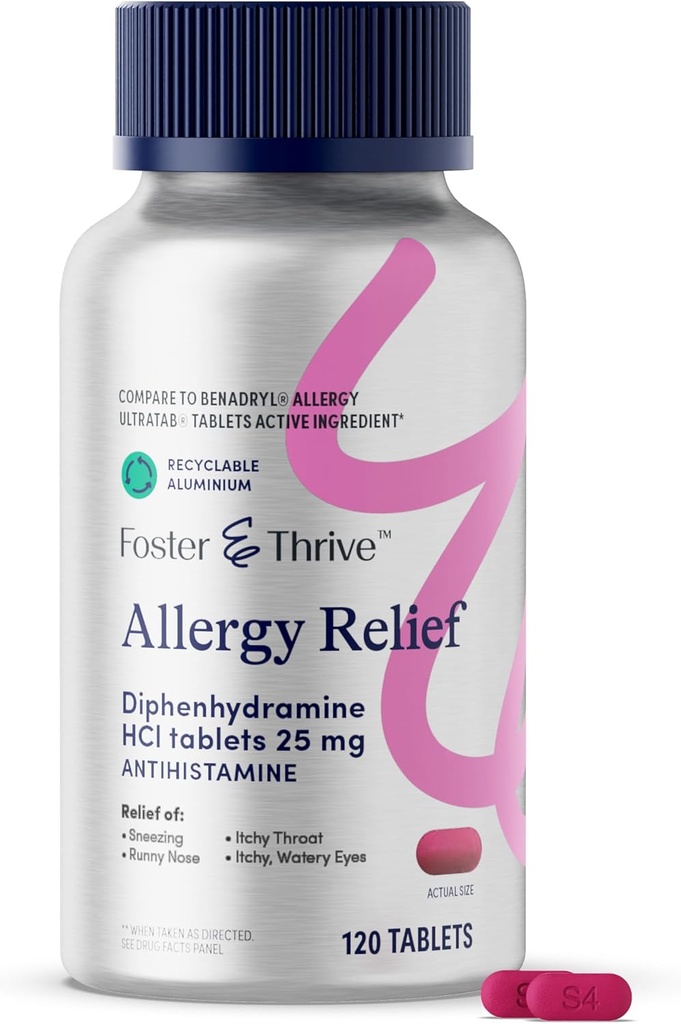 Foster & Thrive Diphenhydramine 25mg Allergy Relief för säsongsallergier, Itchy Watery Eyes, Sneezing, Runny Nose, Fast-Acting Antihistamine Medicine för barn och vuxna
