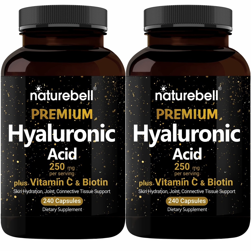 NatureBell 2 Pack Plant Based Hyaluronic Acid Supplements 250mg med 25mg Vitamin C & Biotin 5000mcg, 480 Total Capsules | Essential for Hair Growth, Joint Support och Hydrating Skin | Non-GMO