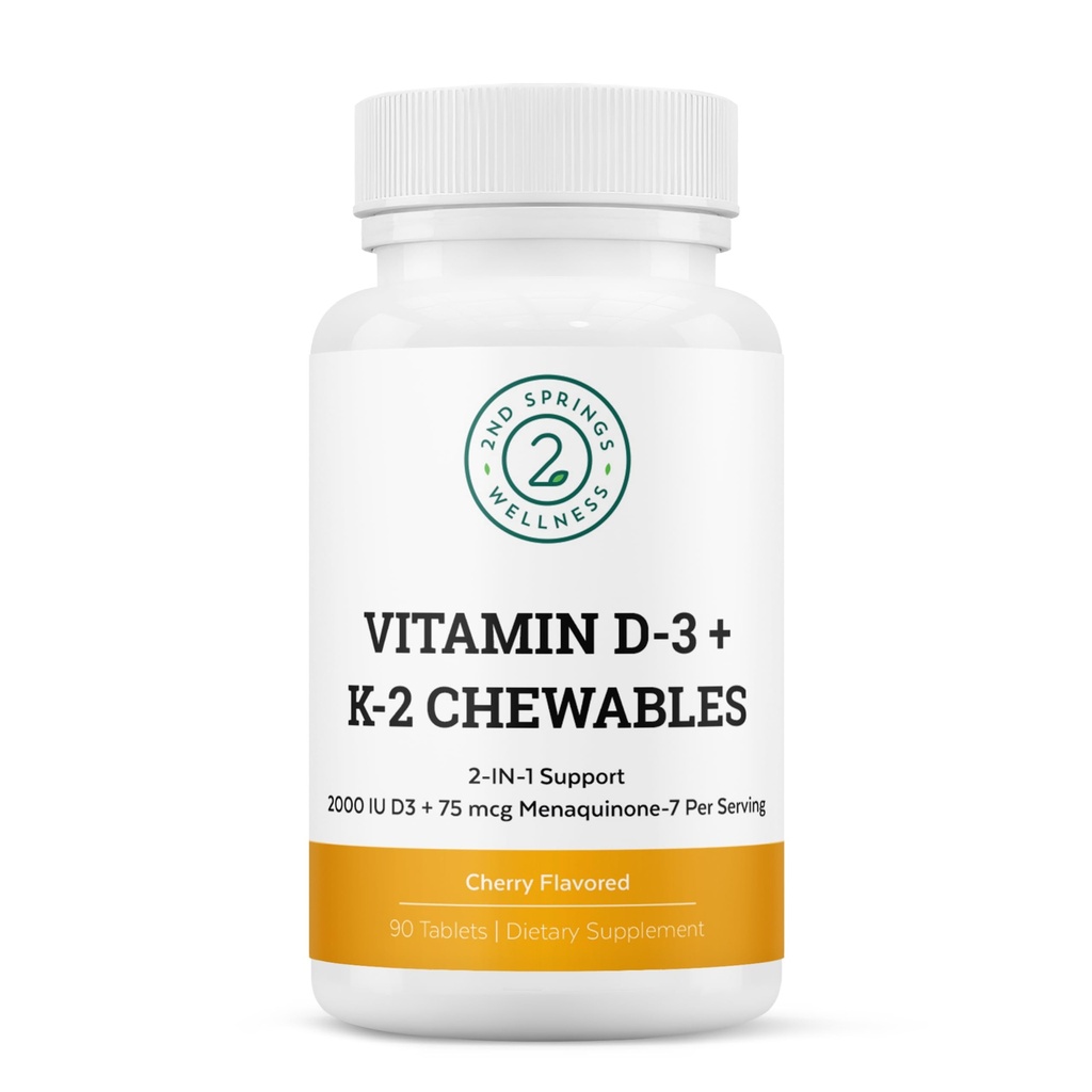 Vitamin D3 + K2 Chewables - 2000 IU Vitamin D och MK7 K2 (Menaquinone-7) - Cherry Flavored Tablets - Vitamin D + K2 Supplement för vuxna och barn
