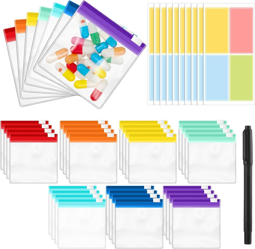 39 Pcs Pill Pouchs Zippered Pill Bags för resor återanvändbar med 28Pcs Small Pill Organizer Pouches och 10pcs Sticker för medicin Organizer Bags
