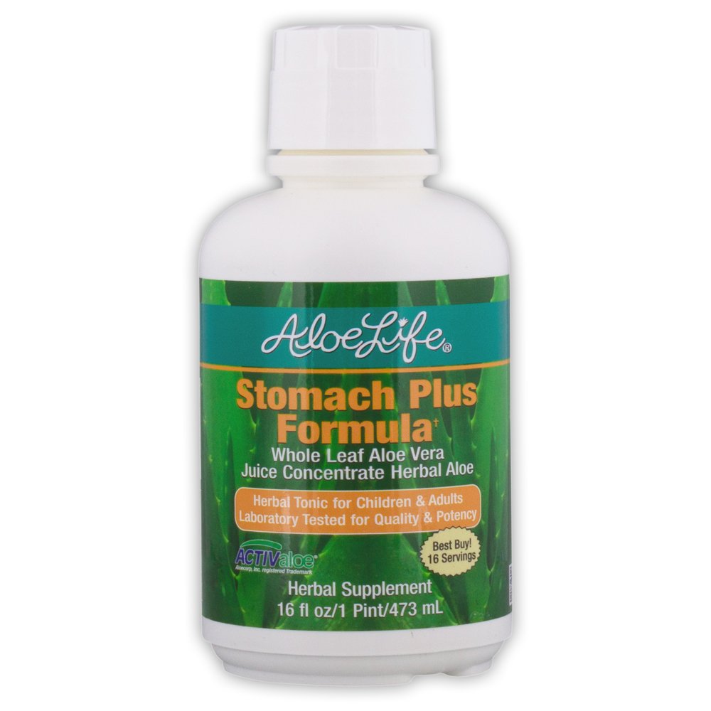 Aloe Life - Stomach Plus Formel, Fast-Acting Tonic för barn, vuxna och seniorer, stöder hälsosam matsmältning och hjälper till att lugna gas, uppblåsthet och illamående, Aloe Vera Concentrate, Gluten-Free (16 oz)