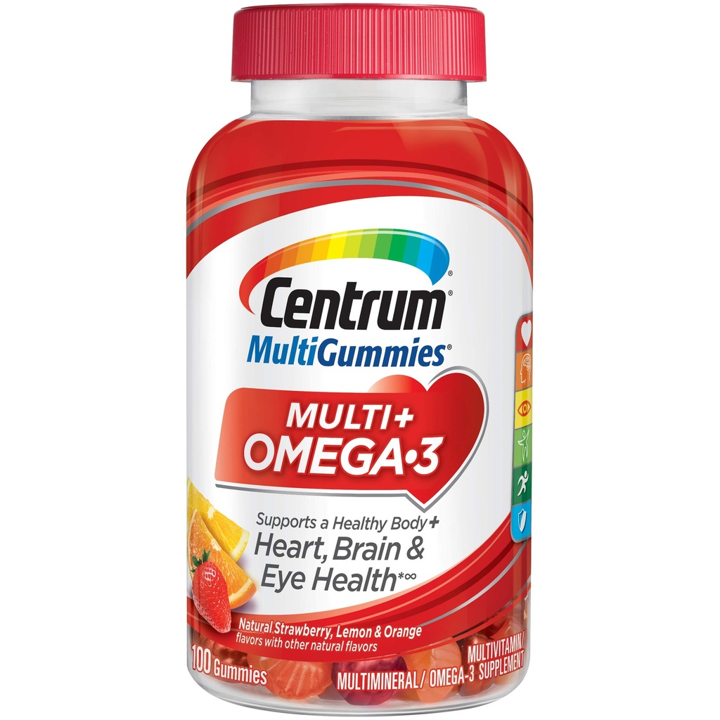 Centrum MultiGummies Omega 3 Gummy Multivitamin för vuxna, Multivitamin/Multimineral Supplement, Strawberry/Lemon/Orange Flavors - 100 Count