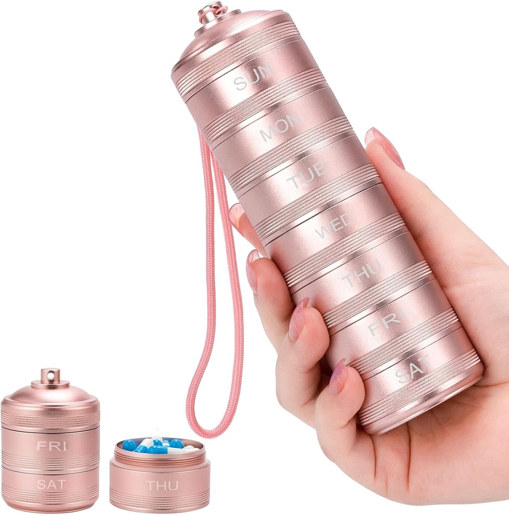 Metal Pill Organizer 7 Day - Vattentät Weekly Travel Pill Box Daily Pill Case med 7 Compartments, Pill Container för vitaminmedicin Supplements Fish Oil, Pink