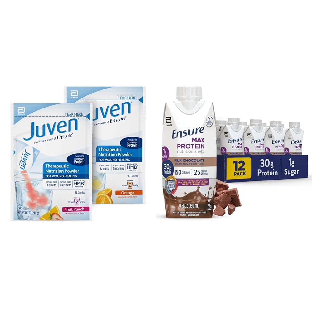 Juven Therapeutic Nutrition Drink Mix Powder för Wound Healing Support, Inkluderar Collagen Protein & Ensure Max Protein Milk Chocolate Nutrition Shake, 30g Protein, 1g Sugar, 4g Comfort Fiber Blend