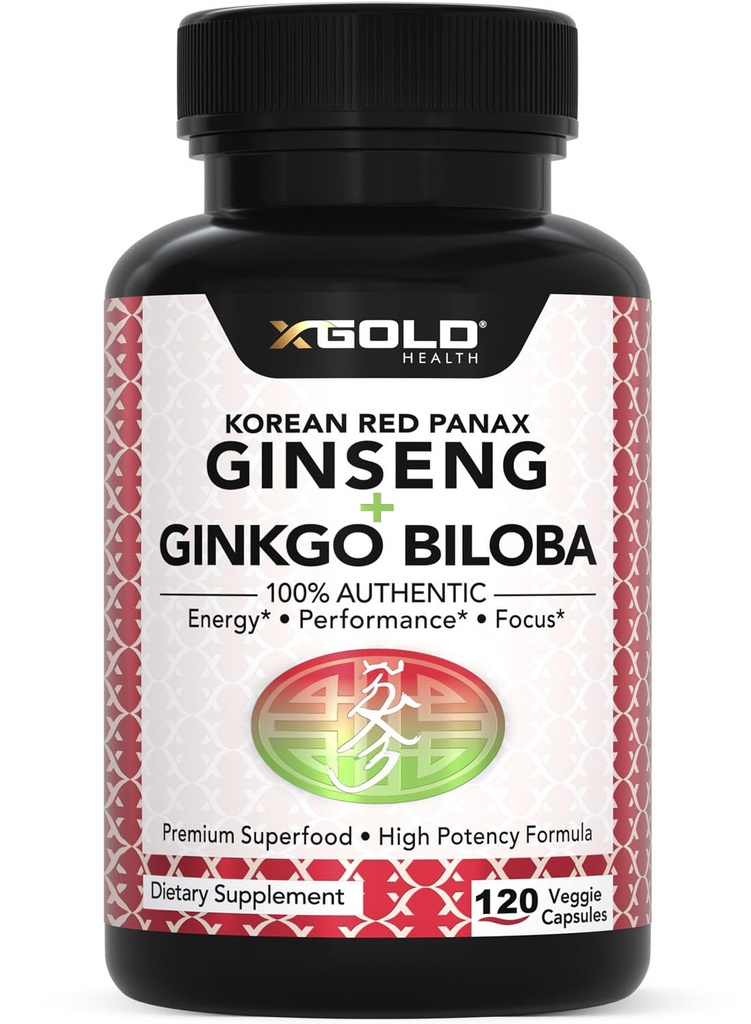 Autentisk koreansk Röd Panax Ginseng 1200mg + Ginkgo Biloba 160mg - Hög Ginsenosides Extra Styrka - Energi, minne, fokus och hjärnhälsa - Vegan kapslar för män och kvinnor - 120 greve