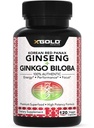 Autentisk koreansk Röd Panax Ginseng 1200mg + Ginkgo Biloba 160mg - Hög Ginsenosides Extra Styrka - Energi, minne, fokus och hjärnhälsa - Vegan kapslar för män och kvinnor - 120 greve