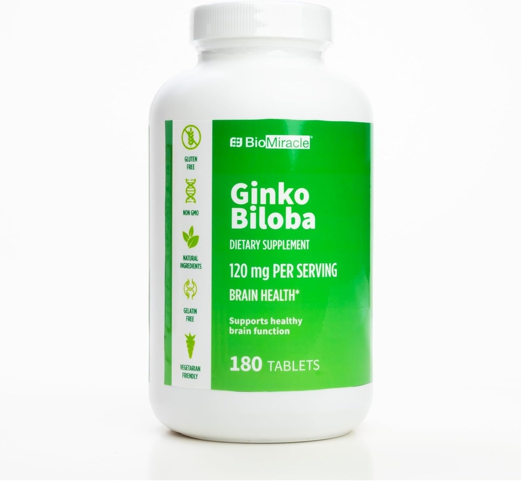 BioMiracle Ginkgo Biloba Dietary Supplement 120 mg Per servering, hjärnhälsa, stöder hälsosam hjärnfunktion 180 kapslar