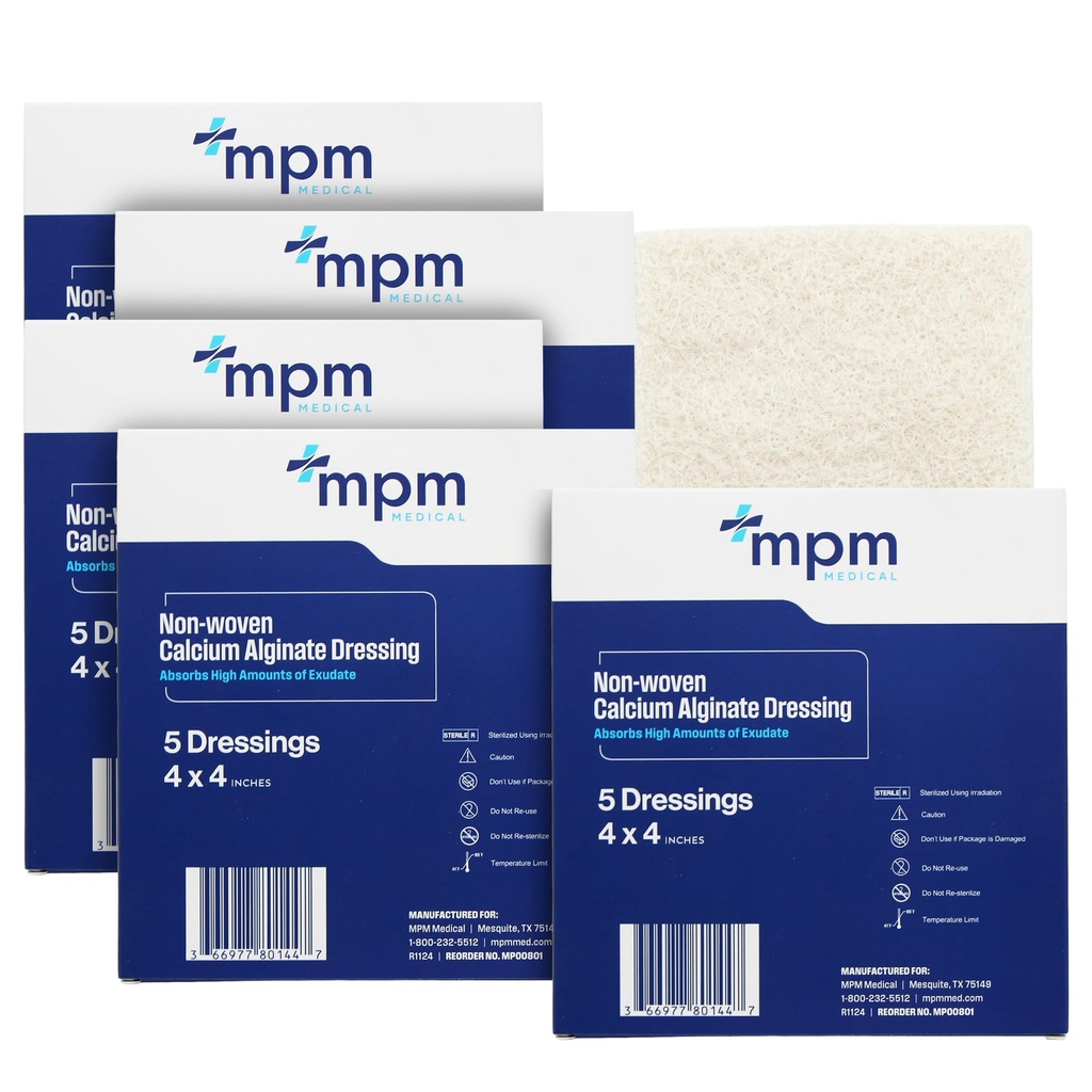 Calcium Alginate Dressing, 4 "x4" [Box of 5] Sterile, MPM Medical