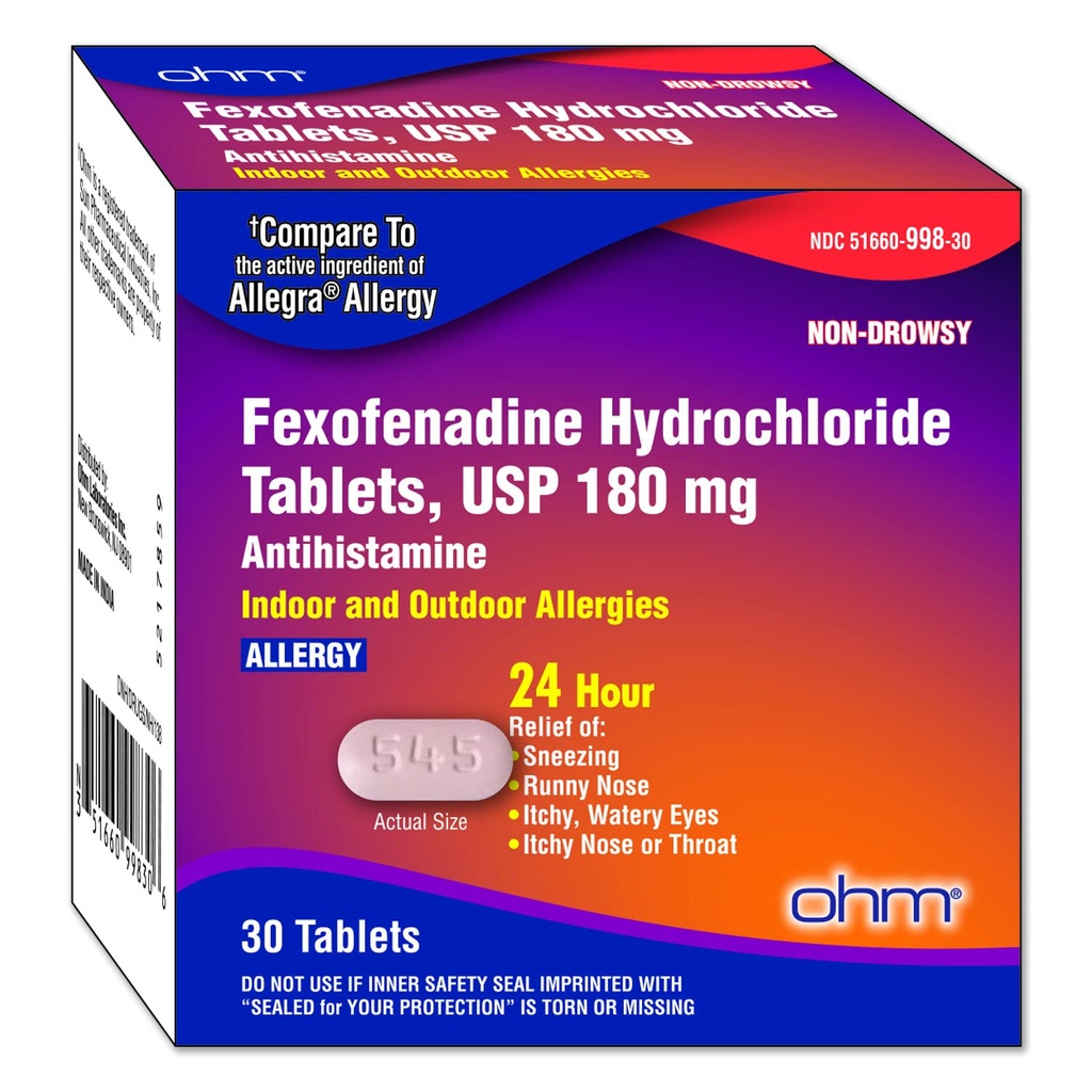 Ohm Non-Drowsy Fexofenadine Antihistamine Inomhus utomhusallergi lättnad tabletter 30ct