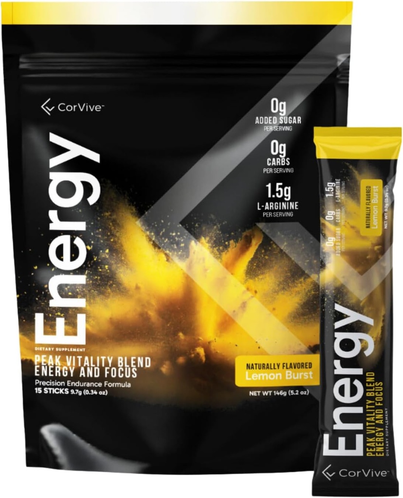 Energi | Natural Energy & Focus Supplement | med Carnosyn®, Ashwagandha, L-arginin, Theobromin | Zero Sugar, 5 kalorier, 120mg koffein | 15 Stick Packs för mental och fysisk ökning | Lemon