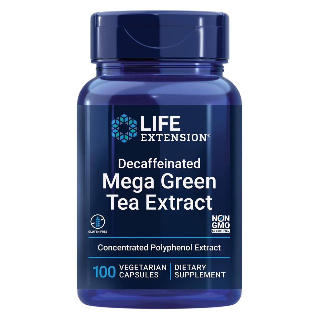 Life Extension Decaffeinated Mega Green Tea Extract - Polyfenol-Rich, Cell Health, Hjärthälsa, Hjärnhälsa, Antioxidantskydd - Icke-GMO, Gluten-Free, Vegetarian - 100 kapslar