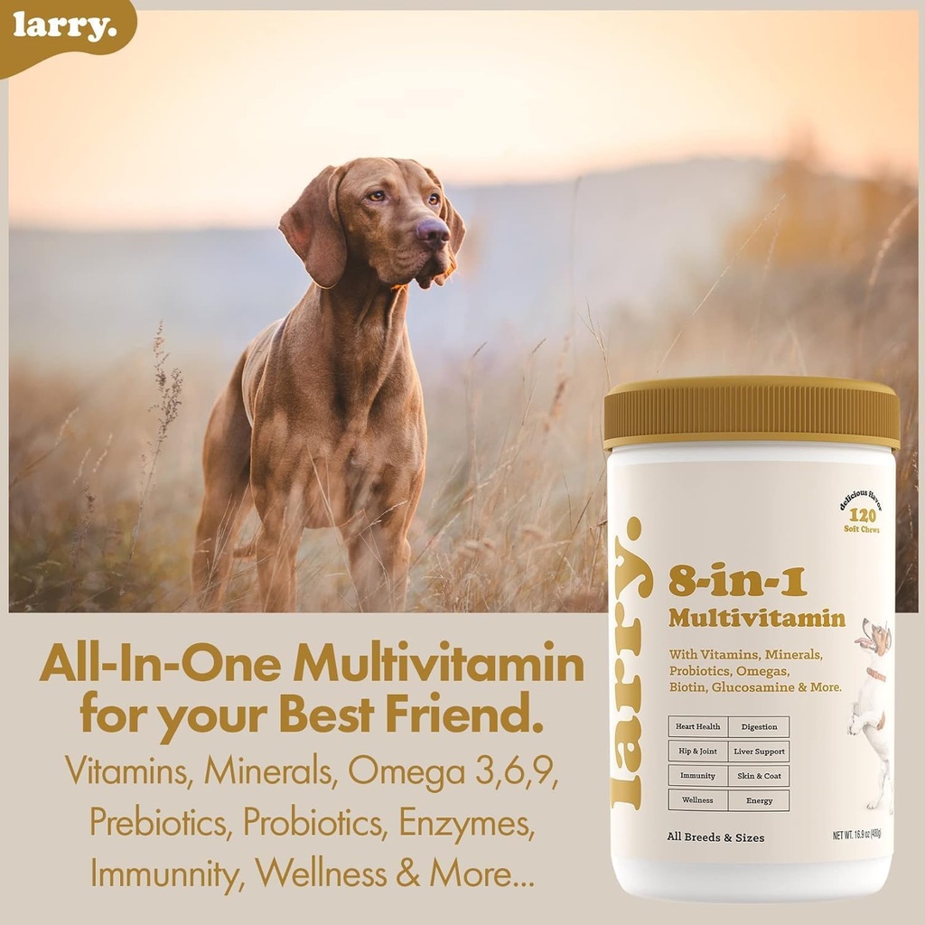 Larry 8-in-1 Multivitamin Dog | Hjärta, Digestion, Liver, Skin, Coat och Joint Support för hundar | Hund Vitaminer med vitaminer, mineraler, Omegas och Glukosamin Chondroitin | 60 Mjuka Chews