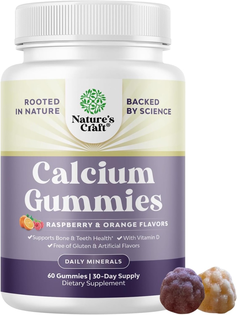 Hög Absorption Kalcium Gummies med vitamin D3 - Utsökt kalcium 500 mg Gummies för vuxna - Tuggbar och vitamin D Supplement för benhälsa och immunstöd Gelatin-Free 60ct (1 Pack)