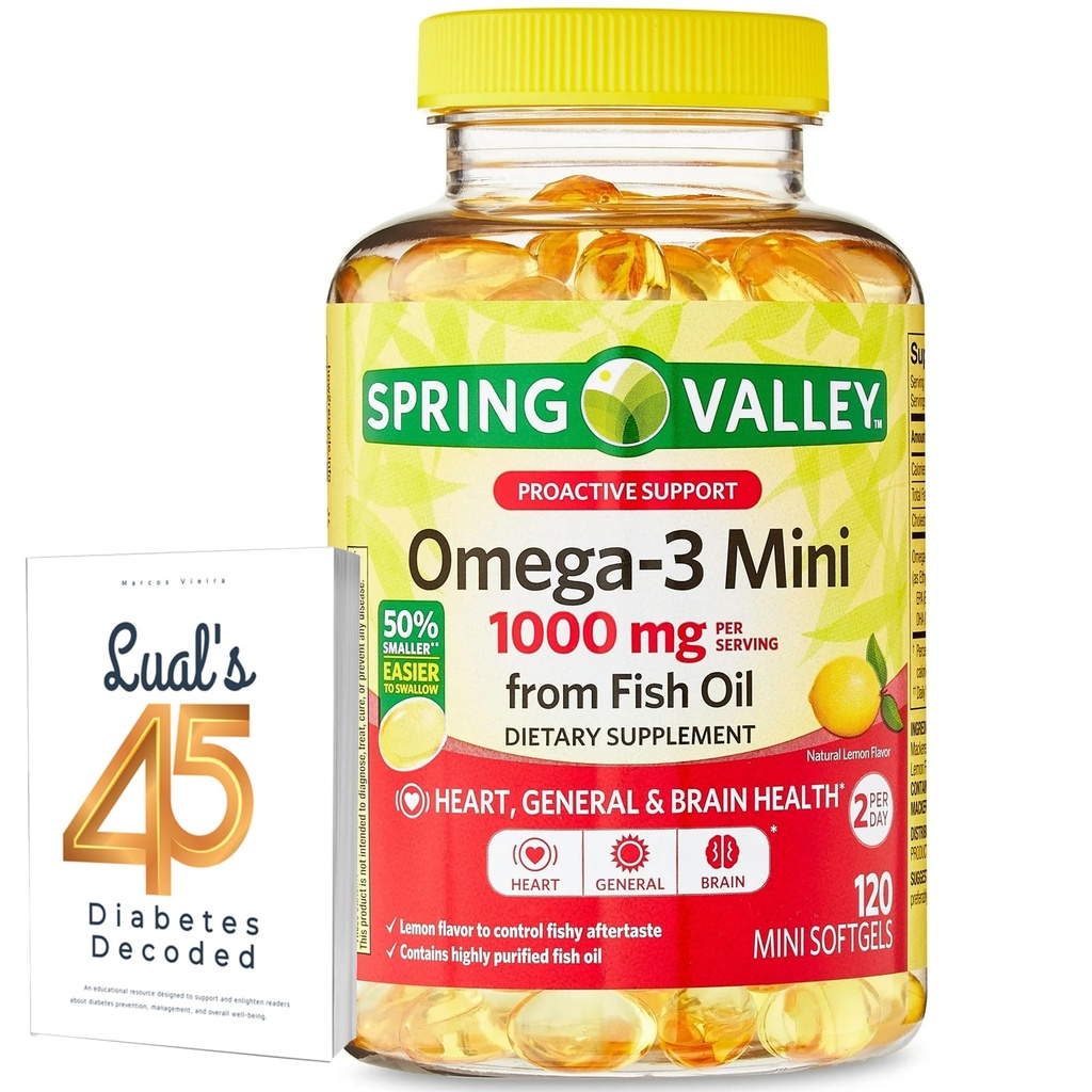 Spring Valley Omega-3 Mini från Fish Oil 1000 mg, 120 greve, kosttillskott, Omega 3 Mini Softgels Bundle med Lualls 45 diabetes avkodade