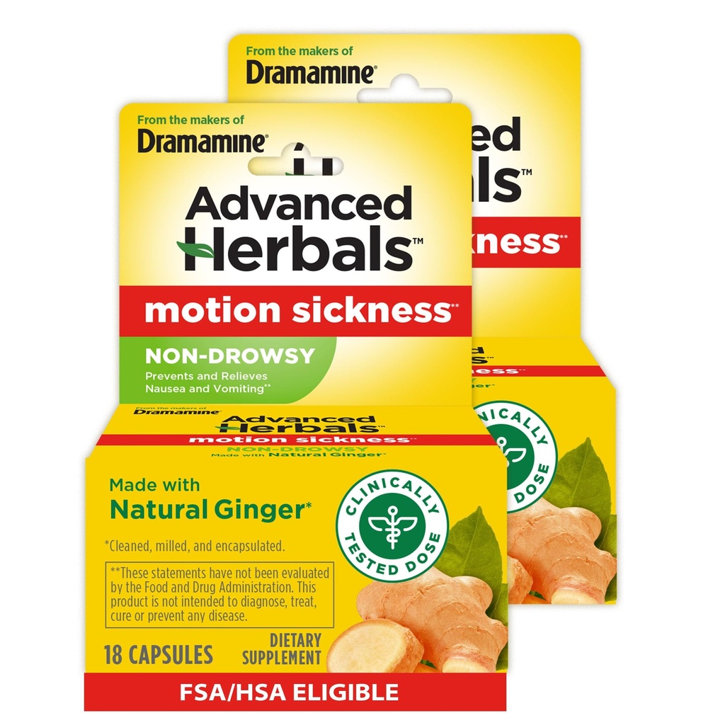 Från Makers of Dramamine, Advanced Herbals, Non-Drowsy, Motion Sickness Relief, Made with Natural Ginger, 18 Count, 2 Pack