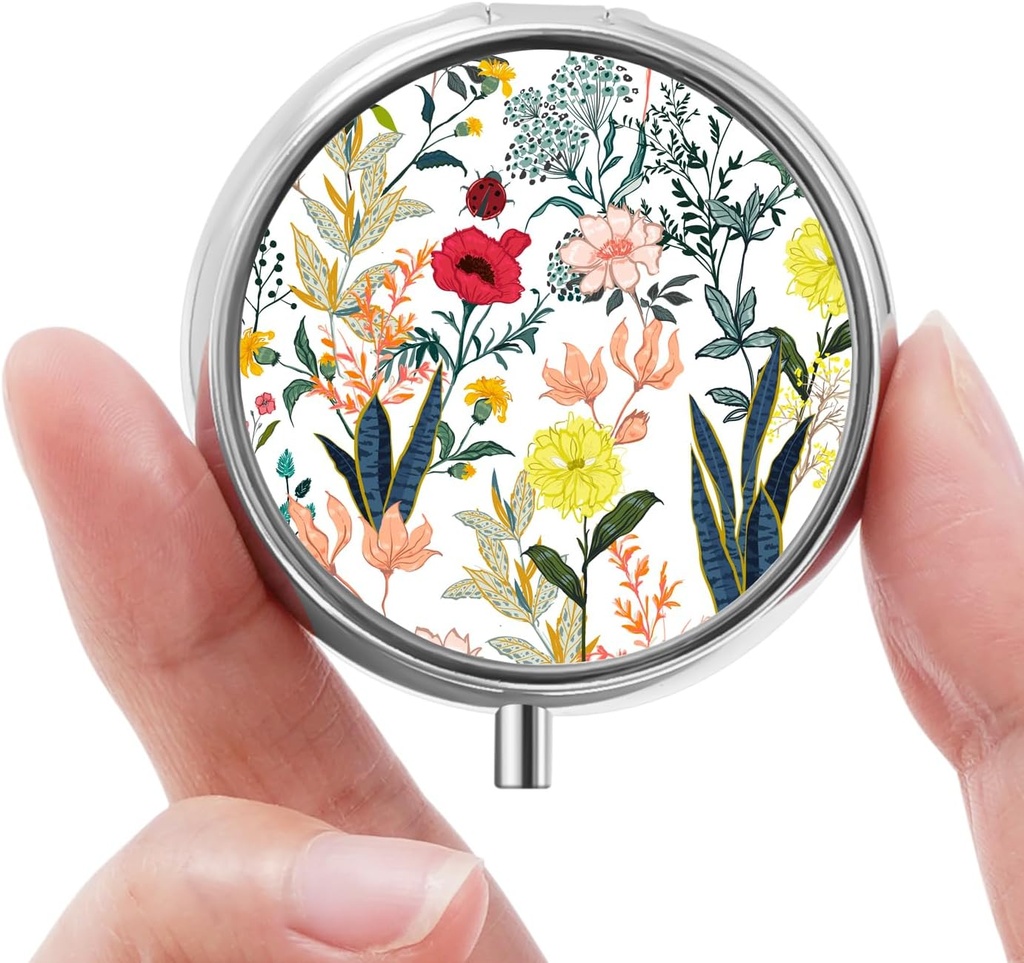 Mini Pill Box, Small Pill Box, Portable Pill Box, Cute Pill Organizer för vitaminer, mediciner, fiskolja och tillskott (vita blommor)