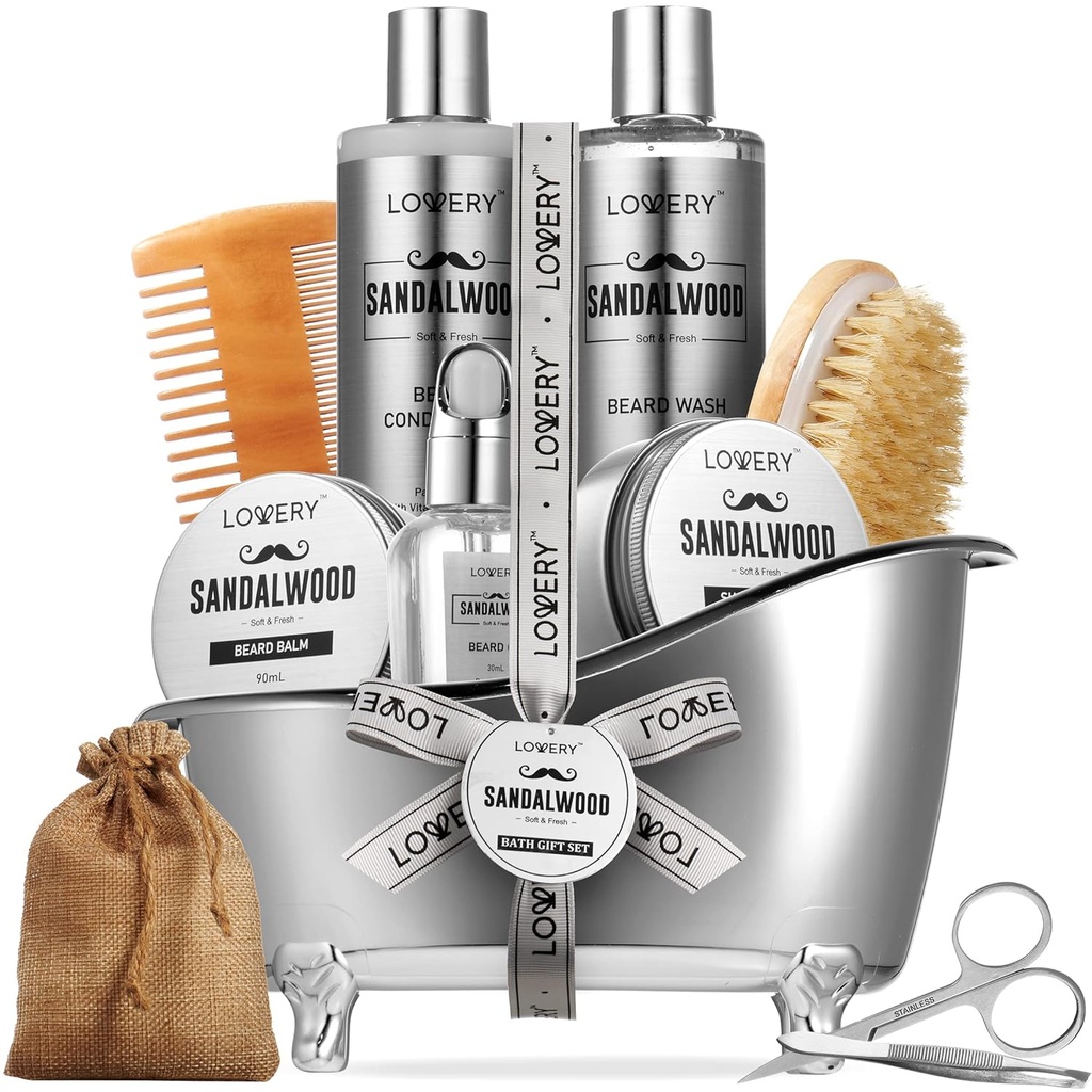 Mens gåvor, Sandalwood Beard Grooming Kit, Mens Grooming Kit för pojkvän pappa, honom, 11pc skägg Straightener för män skäggvård, skäggtillväxt och trimming present, skäggväxande olja & mer