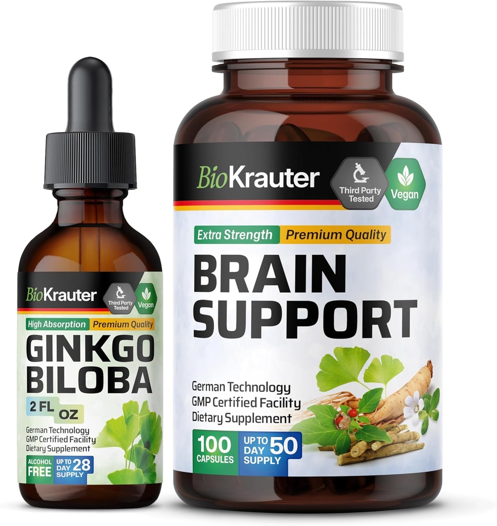 BIO KRAUTER Ginkgo Biloba Tincture 2 Fl. Oz. & Brain Support 100 kapslar