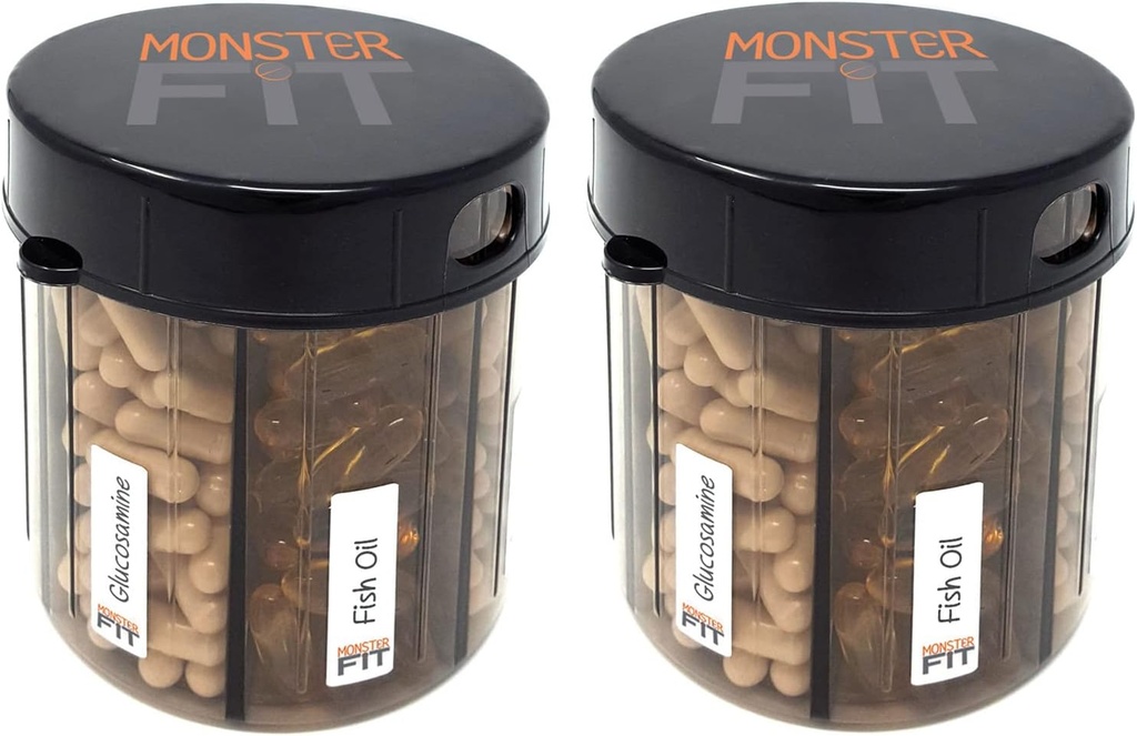 Monster Supplement Medication Pill Dispenser med Compartment Labels - Extra Large Pill Container Bottle Handles Nästan alla tillägg - Lätt att Dispensera (Monster Fit - 2 Pack)