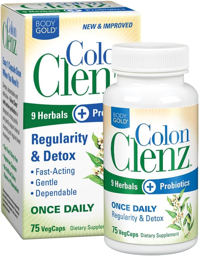 Body Gold Colon Clenz Regularity & Detox Formel | När dagligt stöd med 9 örter + aktiv probiotika | 75 CT