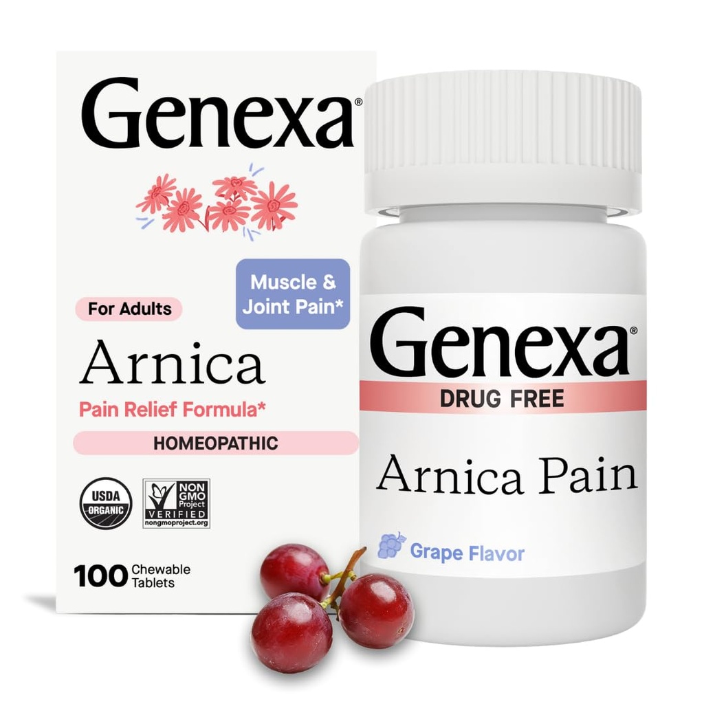 Genexa Arnica för smärtlindring | lindra muskel & gemensam smärta, ömhet & styvhet | Reducerar Bruises & Swelling | Organisk druvsmak | Homeopatisk botemedel Made Clean | 100 tuggbara tabletter