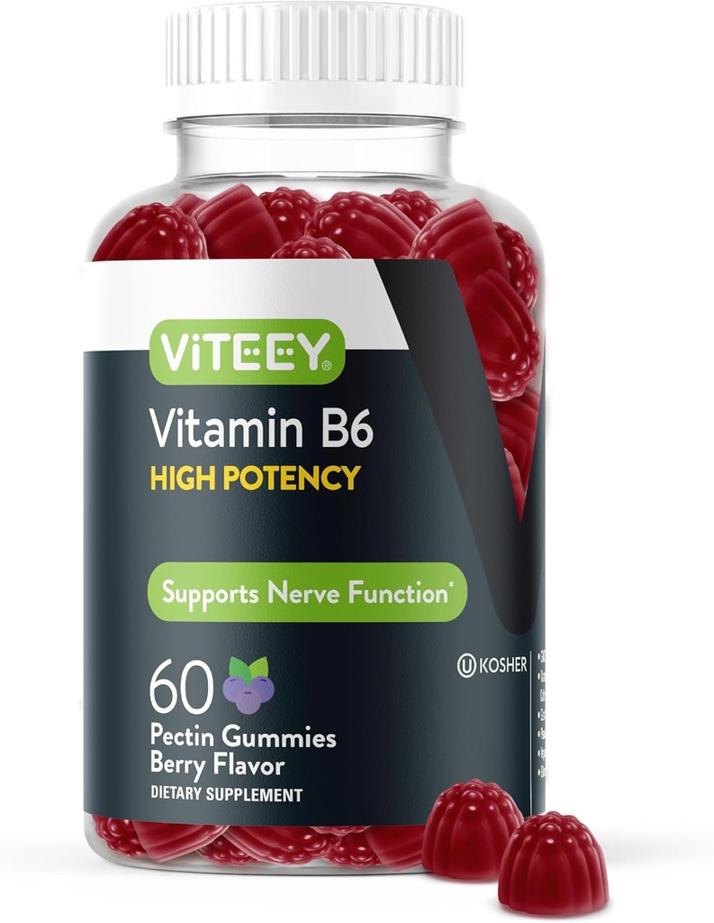 Viteey Vitamin B6 Gummies - Energi, Nerve & Mood Support - B6 Vitaminer 100mg - Vegan, Gluten Free, GMO Free - 60 Count