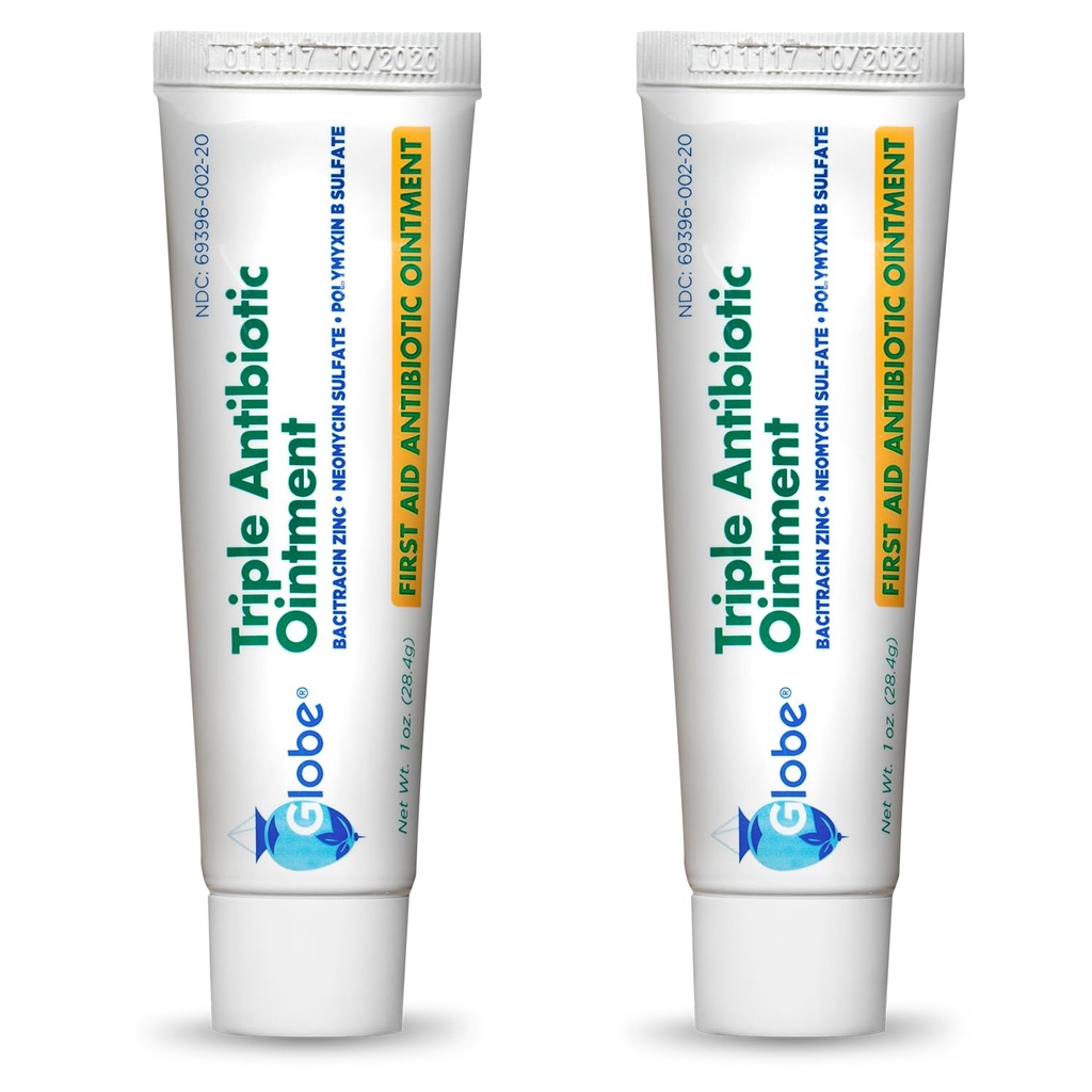 Globe Triple Antibiotic First Aid Ointment, 1 uns (2-Pack) Första hjälpen Antibiotisk salva, 24-timmars infektionsskydd, sårvårdsbehandling för mindre skrapor, brännskador och skär