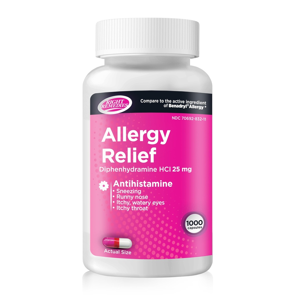 Allergi Relief, Antihistamin, Diphenhydramine HCL 25mg, Relieves Seasonal Indoor eller Outdoor Allergies, Runny Nose, Sneezing Allergy Relief (1000 kapslar)