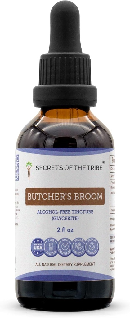Secrets of the Tribe Butchers Broom Alcohol-Free Liquid Extract, Butchers Broom (Ruscus aculeatus) Dried Root Tincture Supplement (2 FL OZ)