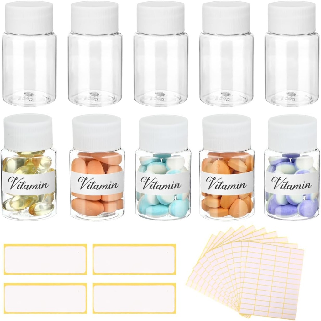 10Pcs Pill Bottles med Blank Labels - 30ml Medicine Containers med skruvkapslar - Plast Empty Small Pill Container Leak-Proof Clear Sample Jar för Dispense för Liquid Solid Name Stickers